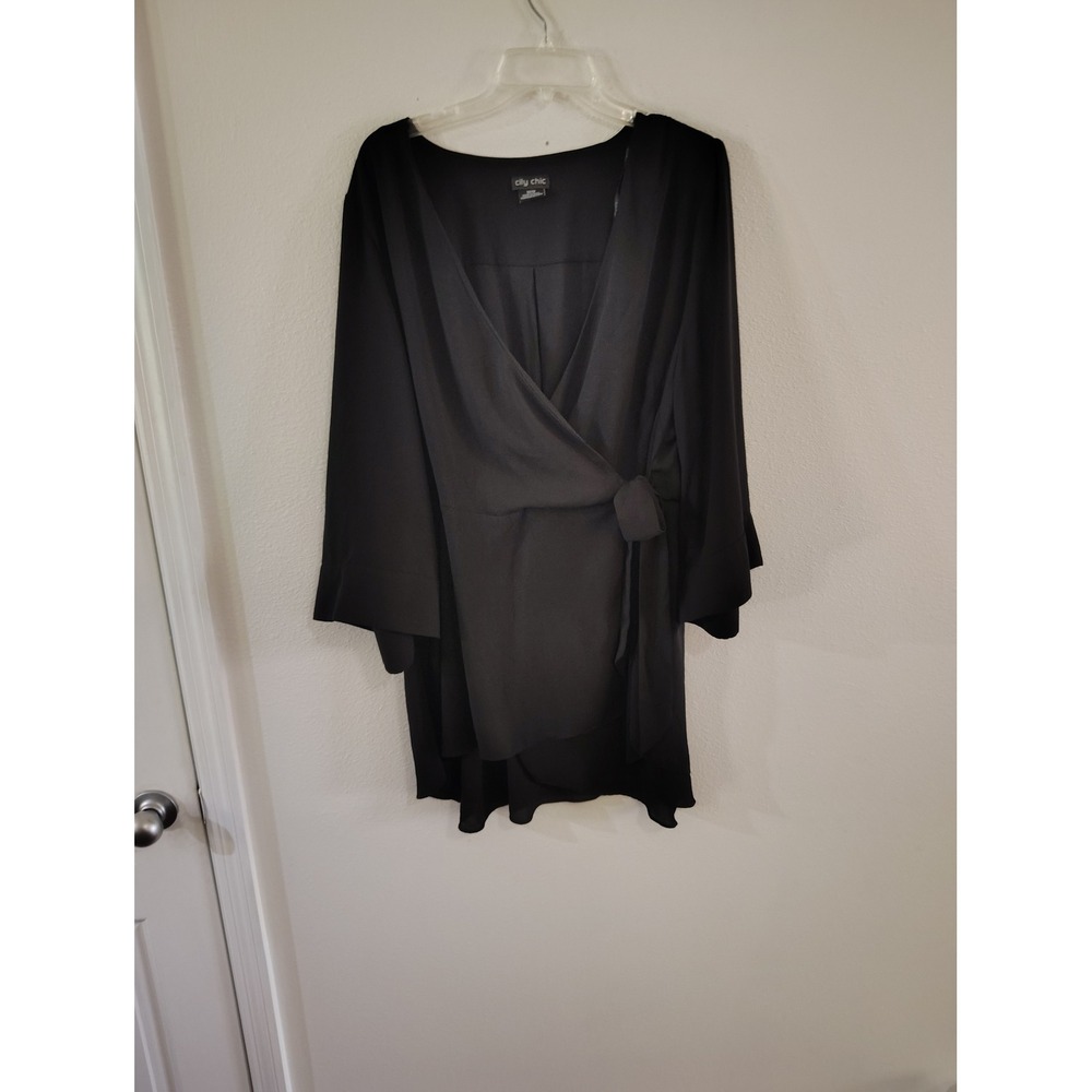 City Chic Womens Black Wrap Tie Front V-Neck Tunic Top Mini Dress Size M 18